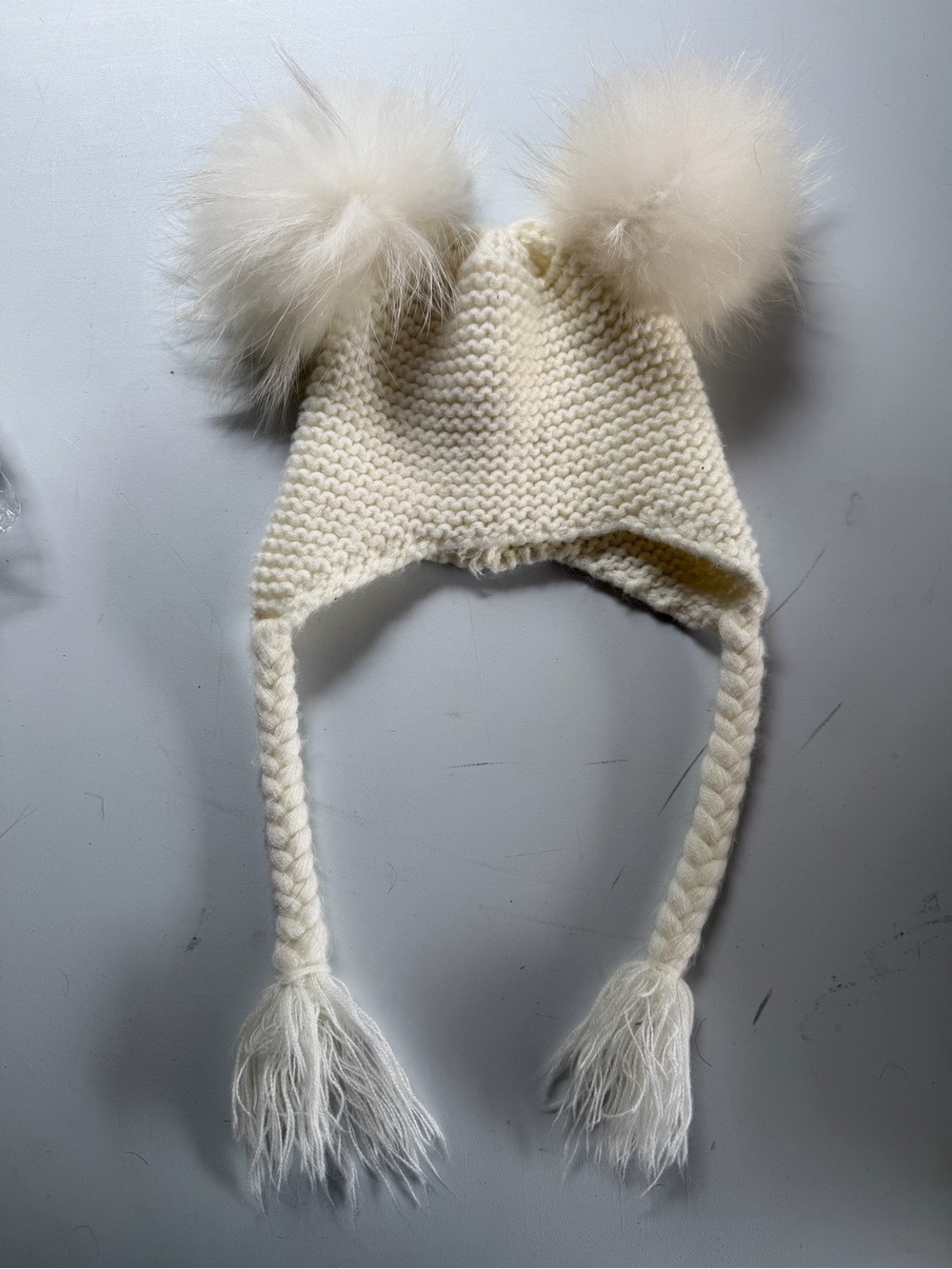 Kids Cream Knit Earflap Hat with Double Pom Poms